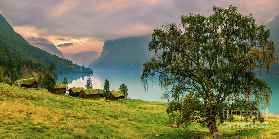 Old farmhouses at Lovatnet, Norway Photograph by Henk Meijer Photography