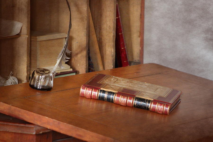 Red Book Photograph - Old Fashioned Desk with Antique Book and Quill Photograph by Colleen Cornelius