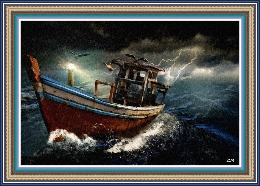 Old Fishing Boat In A Storm L B With Decorative Ornate Printed Frame. Painting