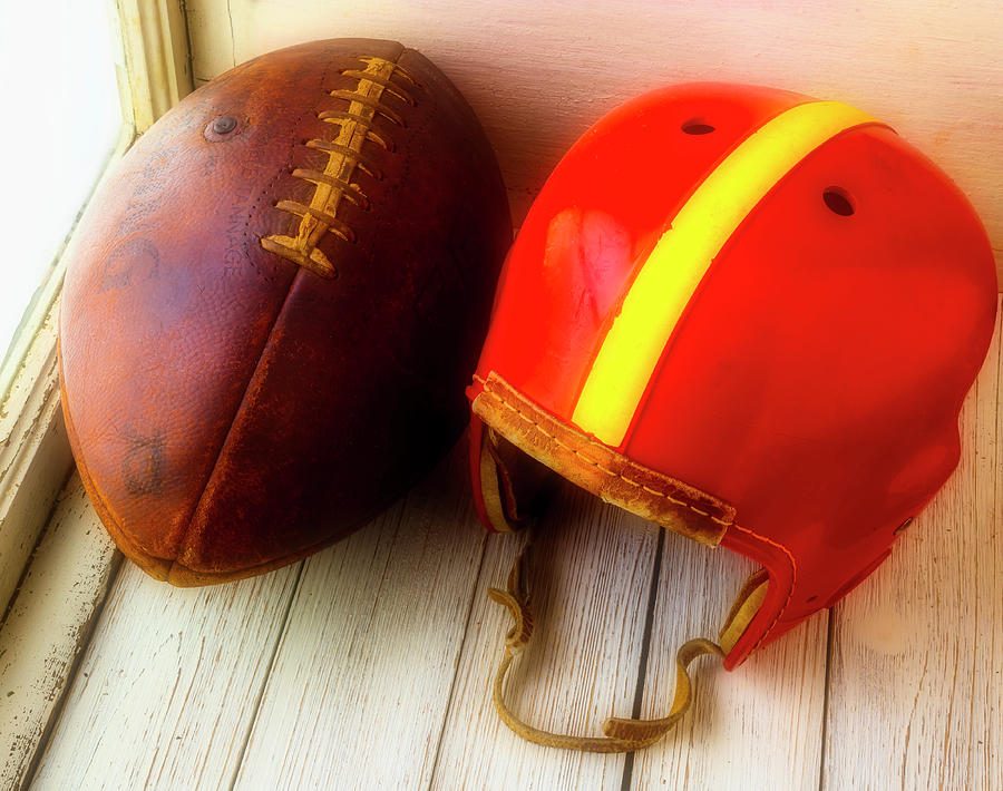 Old Football And Helmet In Window Photograph by Garry Gay