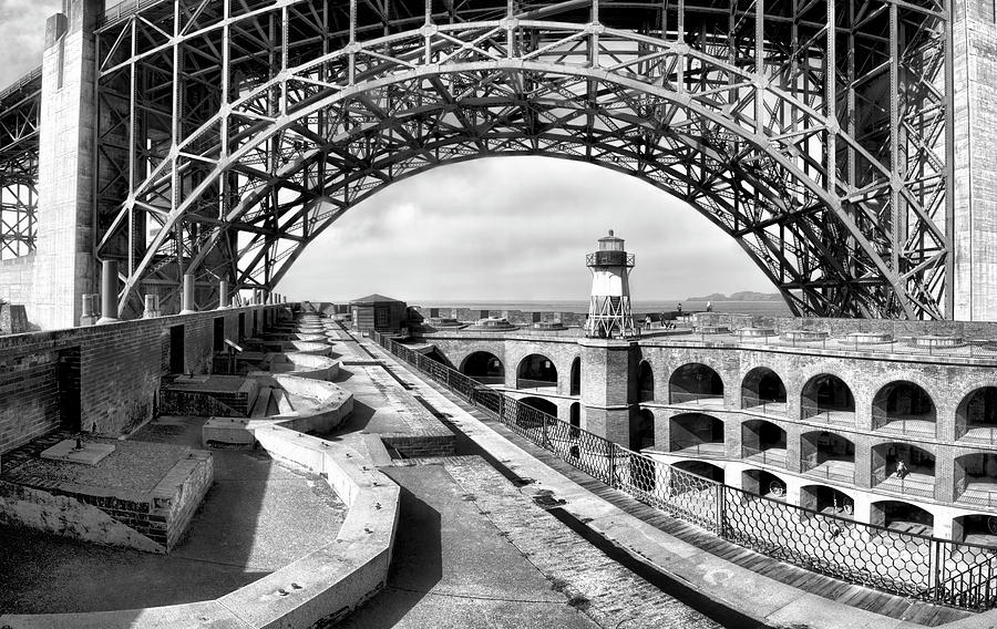 Golden Gate Bridge Photograph - Old Fort Point LIghthouse Under The Golden Gate in BW by Her Arts Desire
