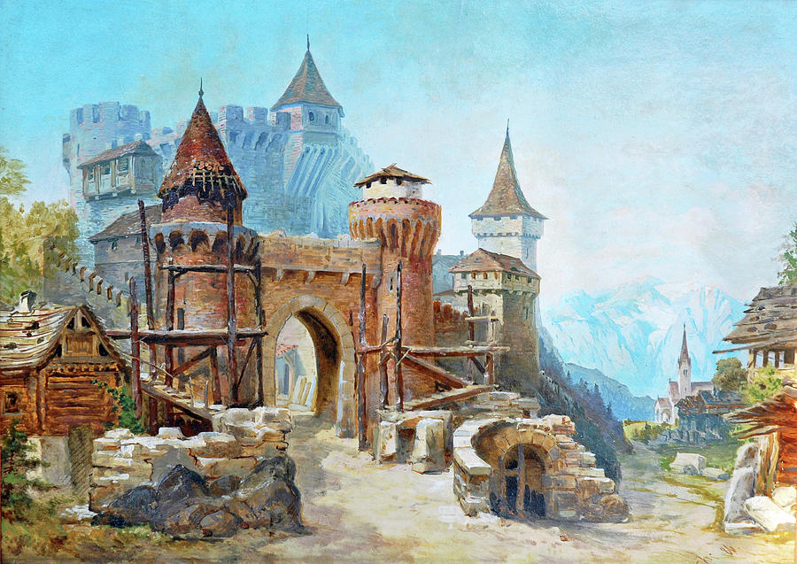 Old Fortress in Alpine Landscape Painting by Carlo Brioschi