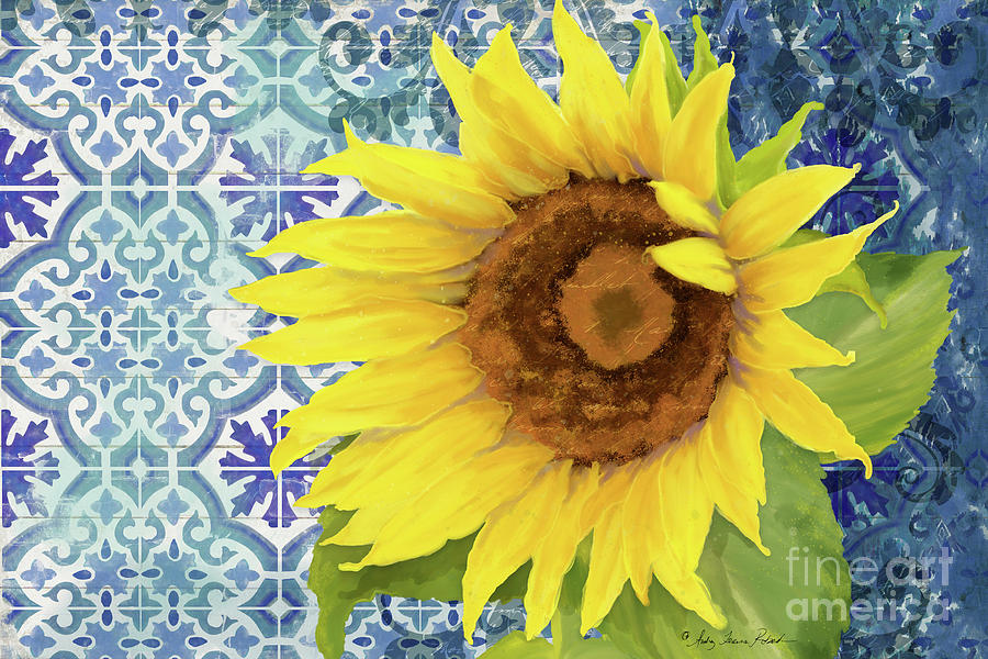 Old Havana Sunflower - Cobalt Blue Tile Painted over Wood Painting by Audrey Jeanne Roberts