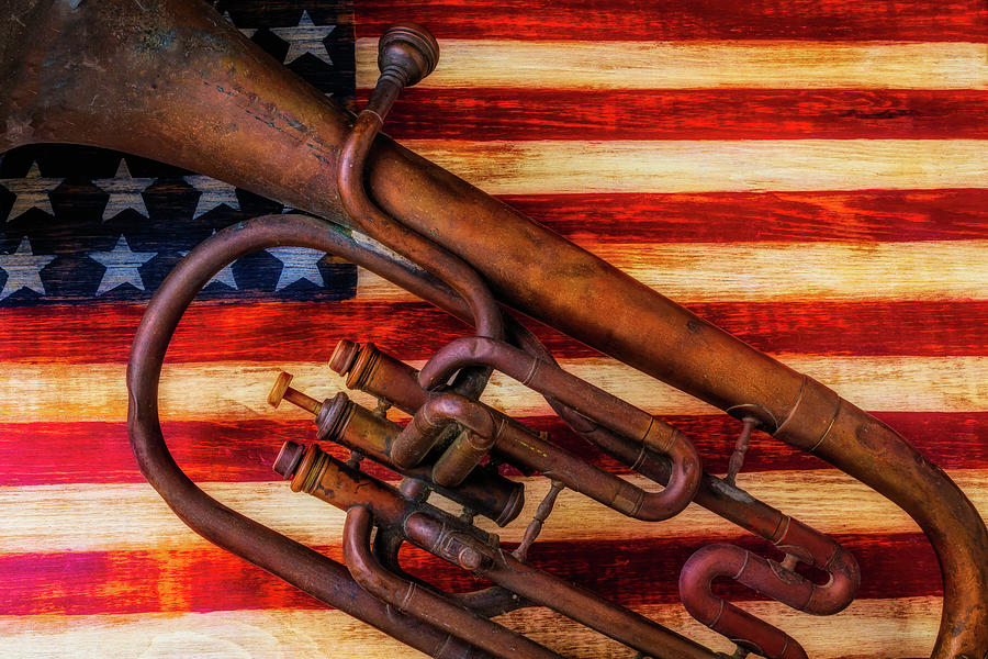 Old Horn On American Flag Photograph by Garry Gay