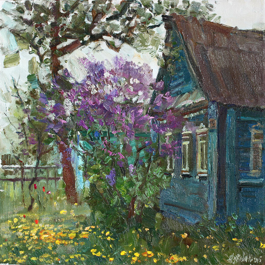 Flower Painting - Old house and lilac by Juliya Zhukova