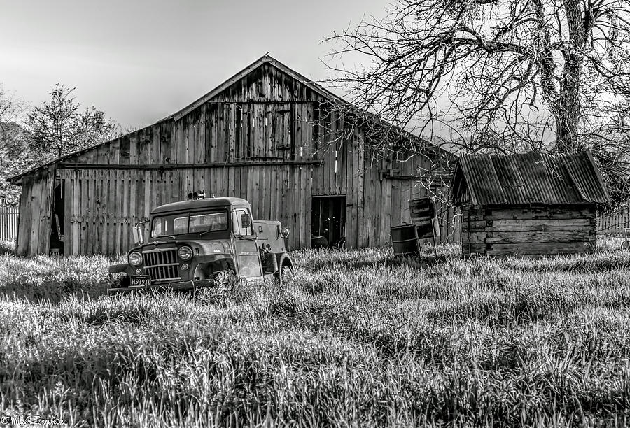 Old Jeep, Old Barn BW Photograph by Mike Ronnebeck