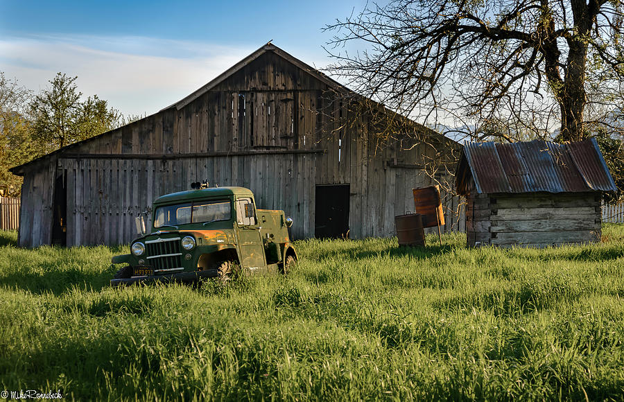 Vintage Photograph - Old Jeep, Old Barn by Mike Ronnebeck