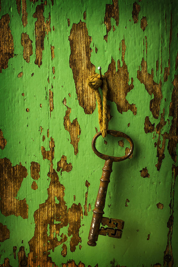 Key Photograph - Old Key On Green Wall by Garry Gay