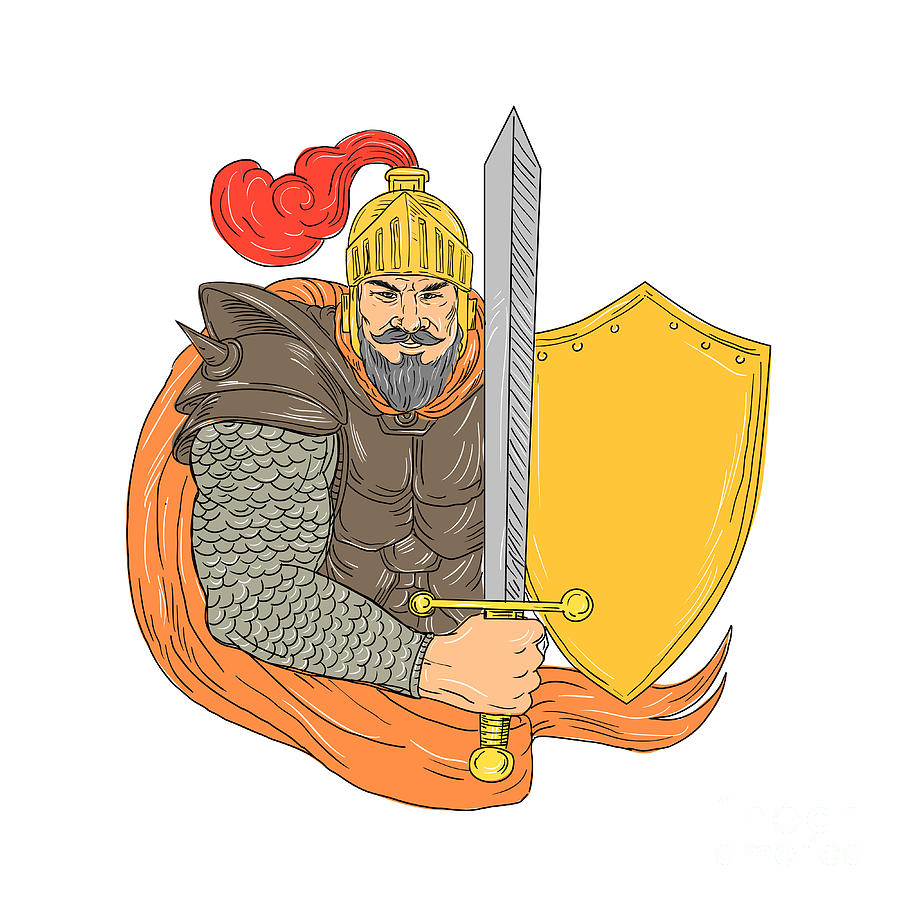 Old Knight Sword Shield Drawing Digital Art