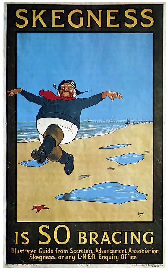 Old Man Happily trotting on the Skegness Beach, Lincolnshire- England - Vintage Advertising Poster Painting by Studio Grafiikka