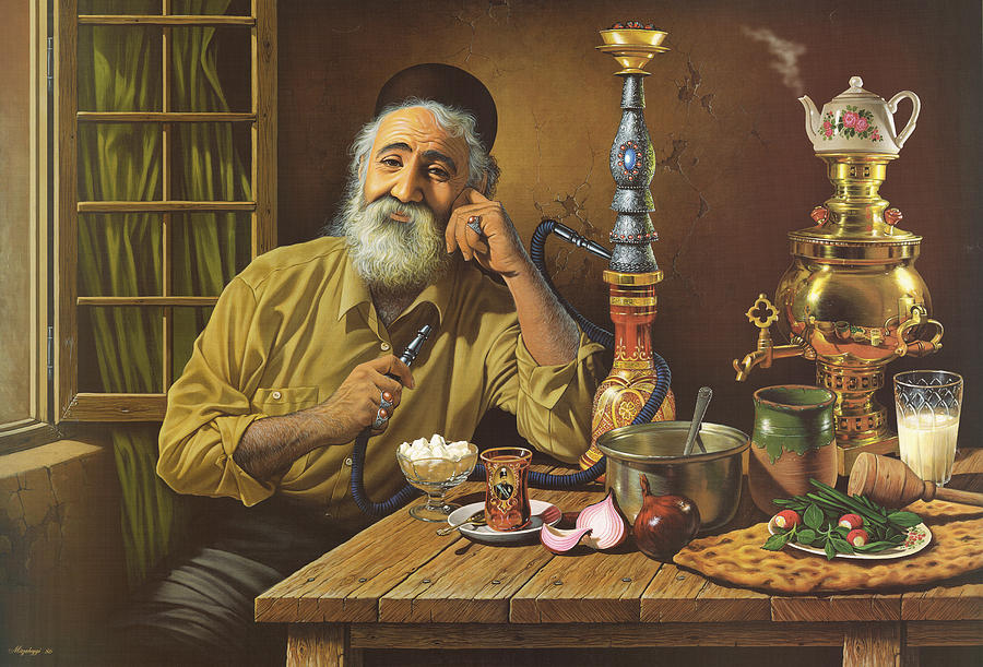 Landscape Painting - Old man smoking water pipe by Salma