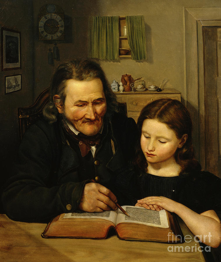 Old man teach girl to read Painting by Adolph Tidemand