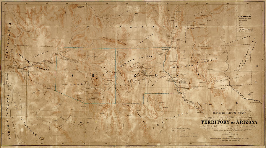 Old Map of Arizona and New Mexico by Arthur de Witzleben - 1860 Drawing by Blue Monocle