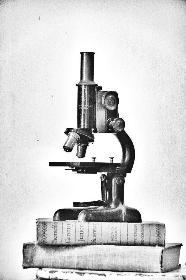Old Microscope And Books Black And White Photograph