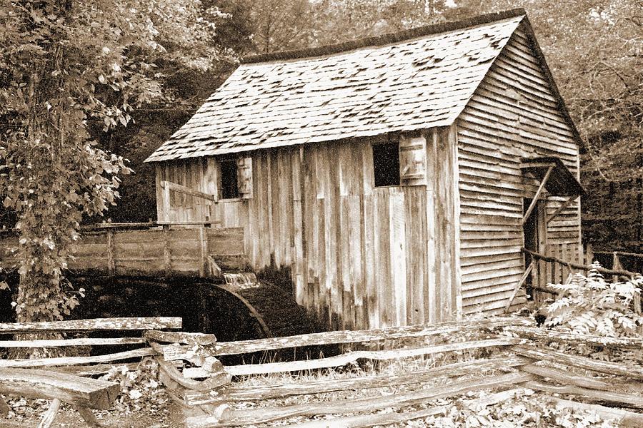 Old Mill - Great Smoky Mountains 03 - BW - Water Paper Photograph by Pamela Critchlow