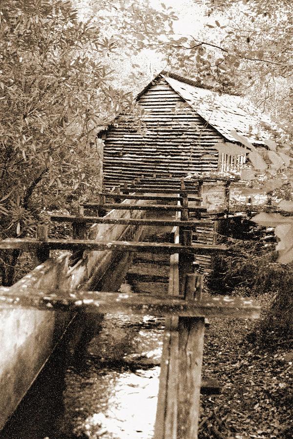 Old Mill - Great Smoky Mountains 04 - BW - Water Paper Photograph by Pamela Critchlow