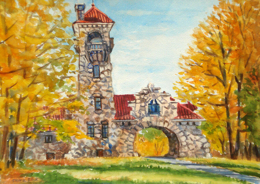 Fall Painting - Old Mohonk Gatehouse in Fall by Mira Fink