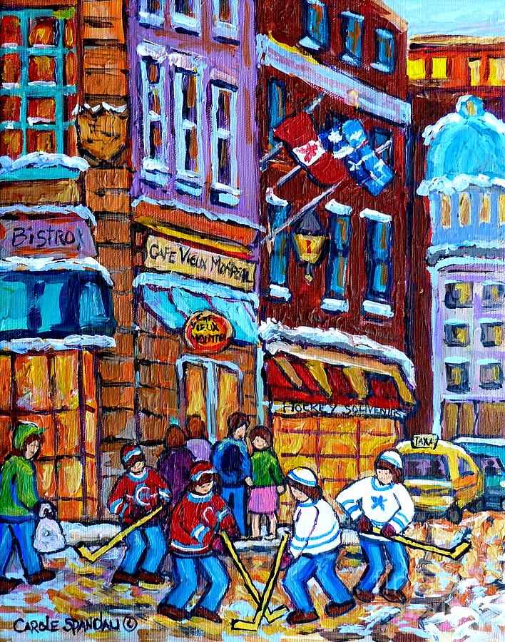 Old Montreal Landmark Bonsecours Winterscene Painting Far Sale Street Hockey C Spandau Quebec Art    Painting by Carole Spandau