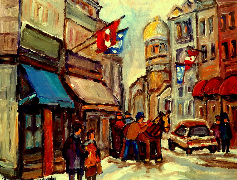 Old Montreal Rue St Paul Winterscene With Caleche  Painting by Carole Spandau
