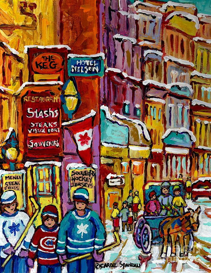City Scene Painting - Old Montreal Vieux Port Famous Restaurants Winter Scene Canadian Art Caleche Hockey Carole Spandau   by Carole Spandau