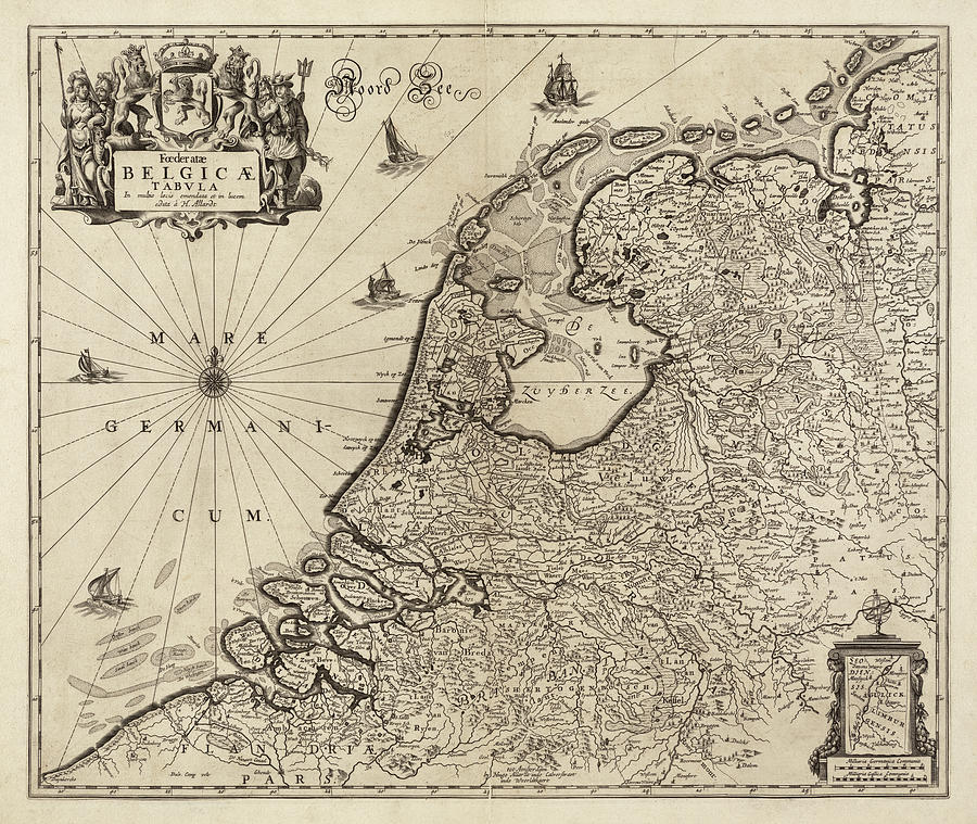Old Netherlands Map by Hugo Allardt - 1665 Drawing by Blue Monocle