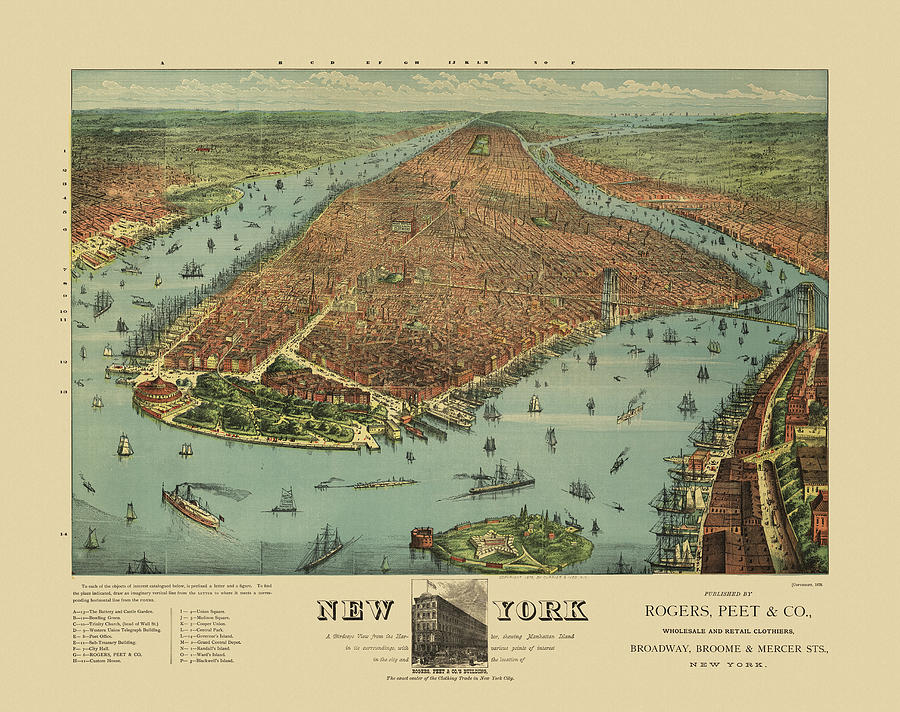 New York City Drawing - Old New York City Map by Currier and Ives - 1879 by Blue Monocle