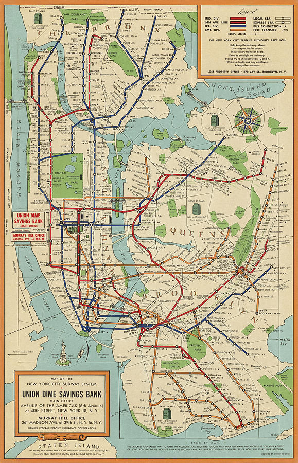 Old New York City Subway Map by Stephen Voorhies - 1954 Drawing by Blue Monocle