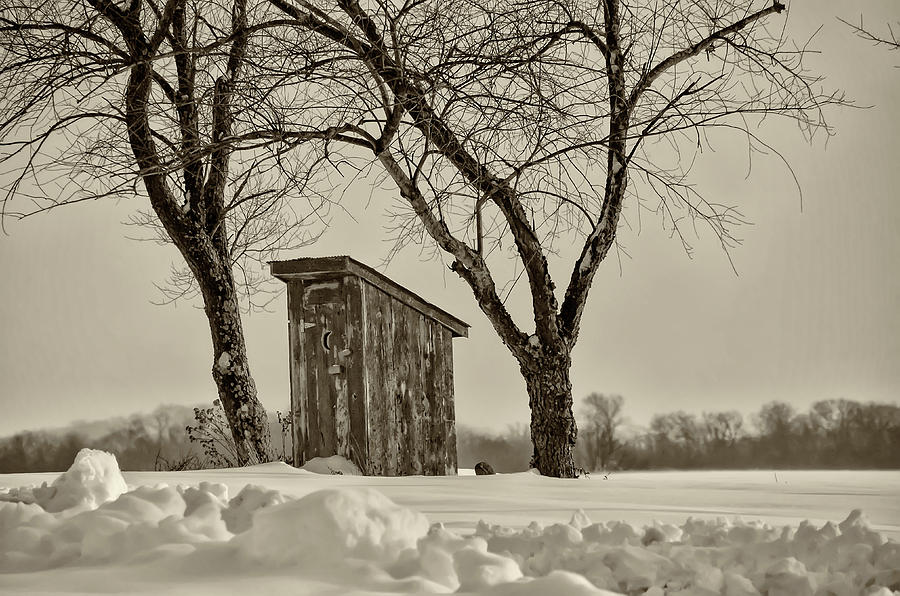 Old Outhouse in the Snow in Sepia Photograph by Bill Cannon