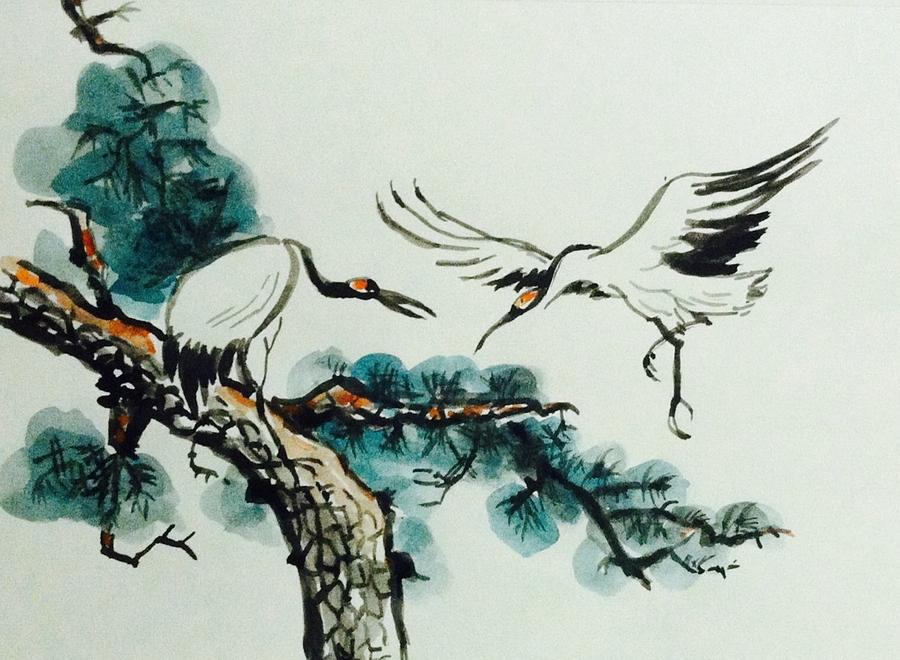 Old pine tree and crane Painting by Hae Kim