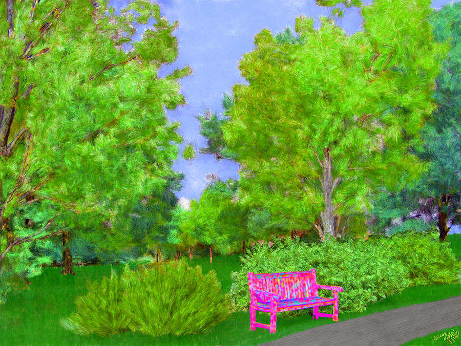 Tree Painting - Old Pink Park Bench in the Spring by Bruce Nutting
