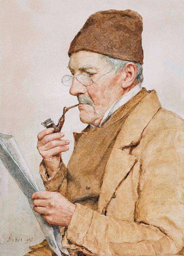 Old pipe smoker reading the Seelaender Boten Drawing by Albert Anker