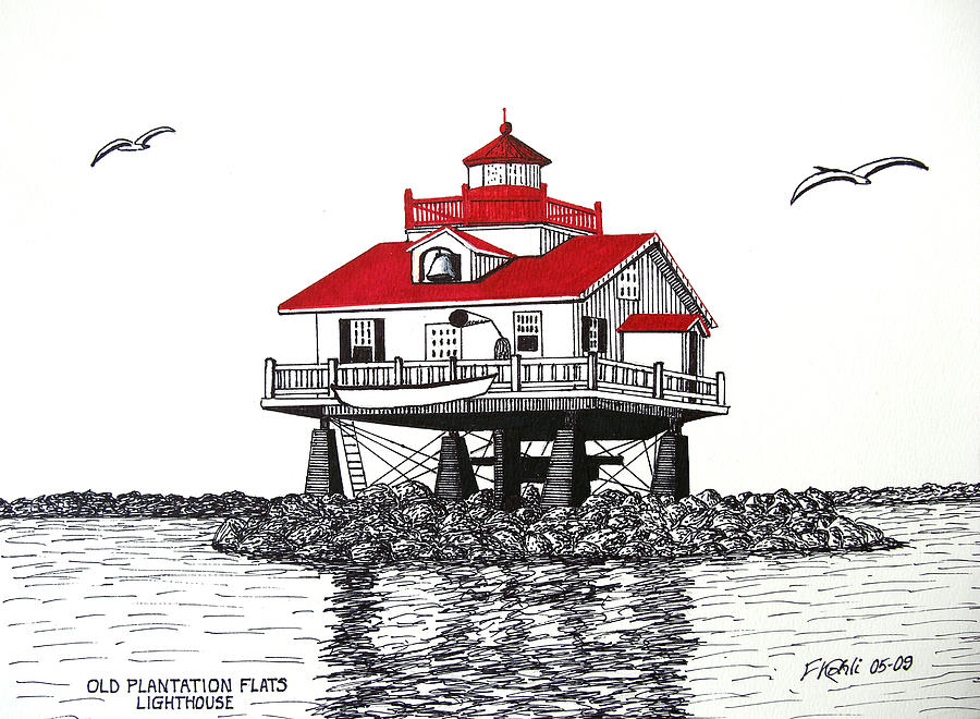 Reflections Drawing - Old Plantation Flats Lighthouse Drawing by Frederic Kohli