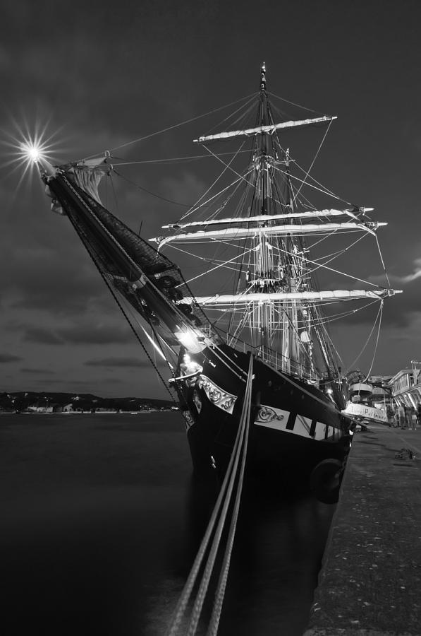Old port Mahon black and white dawn and Italian sail training vessel Palinuro hdr Photograph by Pedro Cardona Llambias