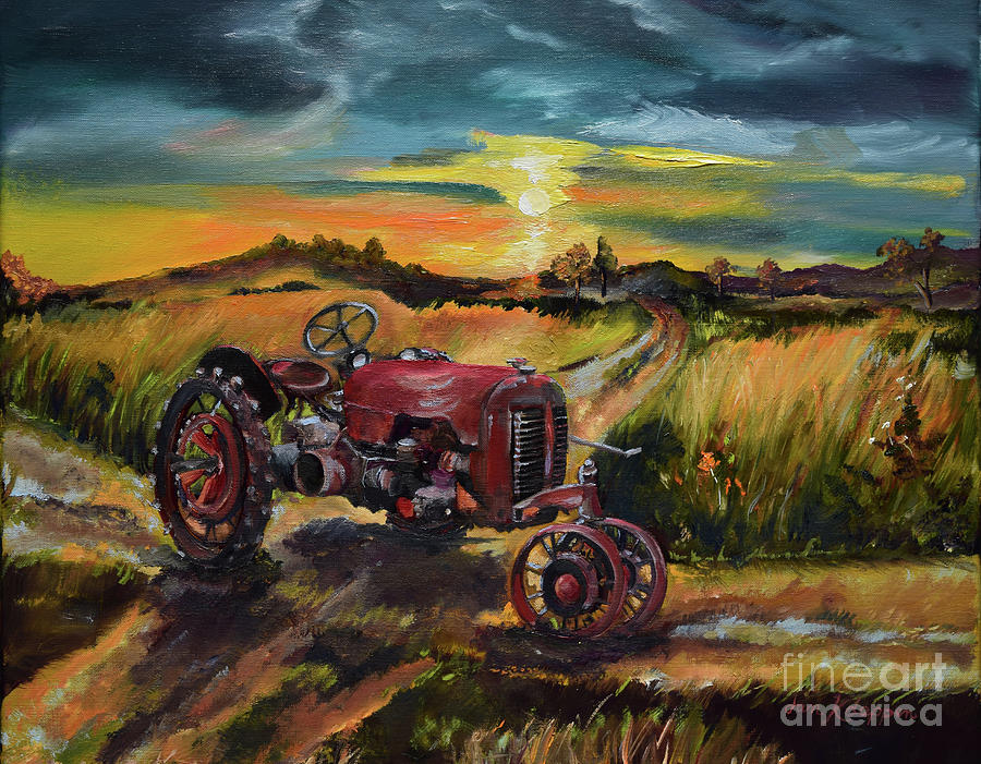 Old Red at Sunset - Tractor Painting by Jan Dappen