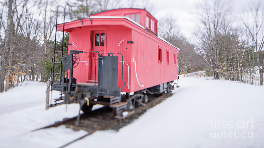 Vintage Photograph - Old Red Caboose in Winter Tilt Shift by Edward Fielding