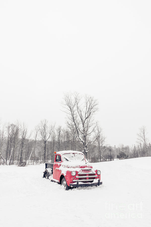 Winter Photograph - Old Red Farm Truck in the Snow by Edward Fielding