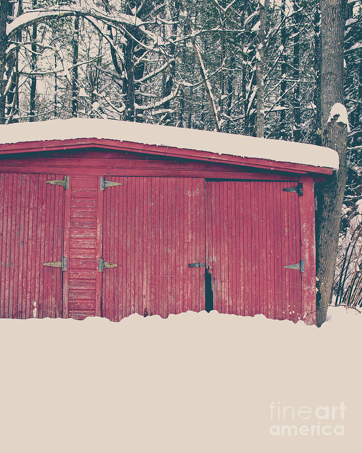 Winter Photograph - Old Red Garage in the Snow by Edward Fielding