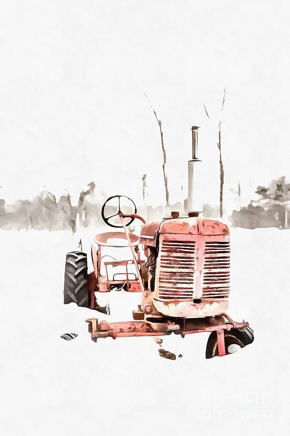 Old Red Tractor in the Snow Painting Digital Art by Edward Fielding
