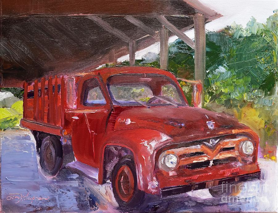 Old Red Truck - Mountain Valley Farms - Ellijay Painting by Jan Dappen