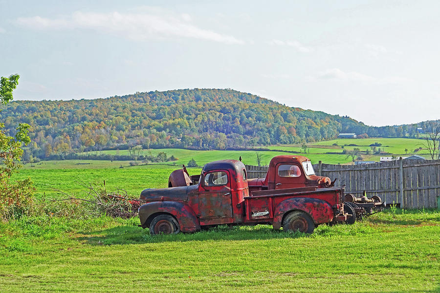 Truck Photograph - Old Red Trucks Vermont New England by Toby McGuire
