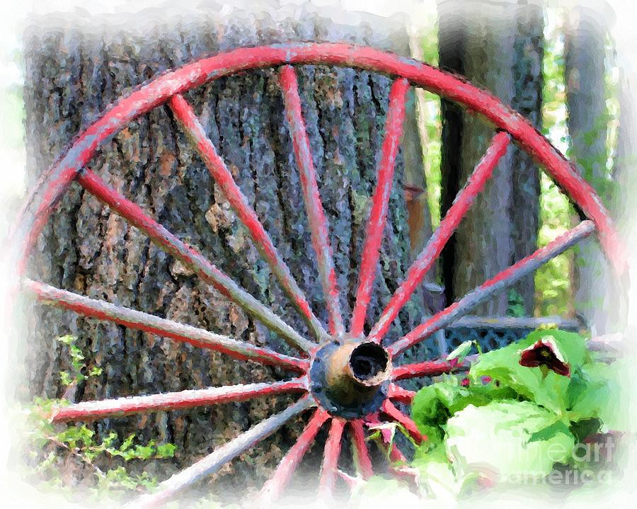 Old Red Wooden Wagon Wheel Painting by Smilin Eyes Treasures