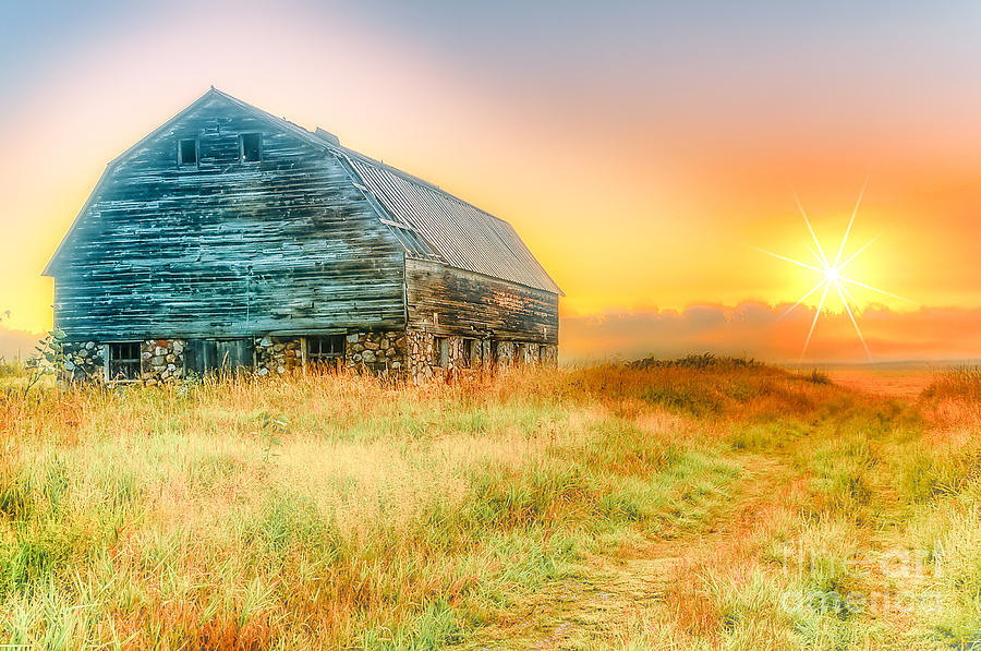 Old Rock Barn And Sunset Photograph