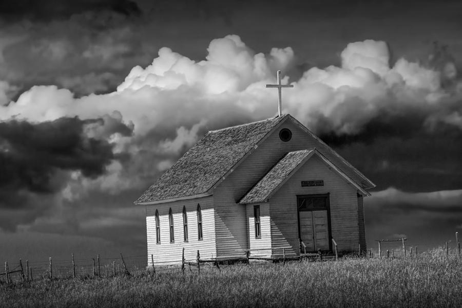 Old Rural Country Church In Black And White Photograph