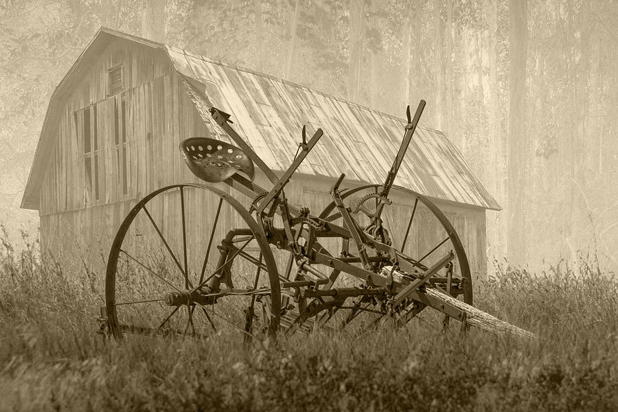 Old Rusted Farm Equipment in the Fog Photograph by Randall Nyhof