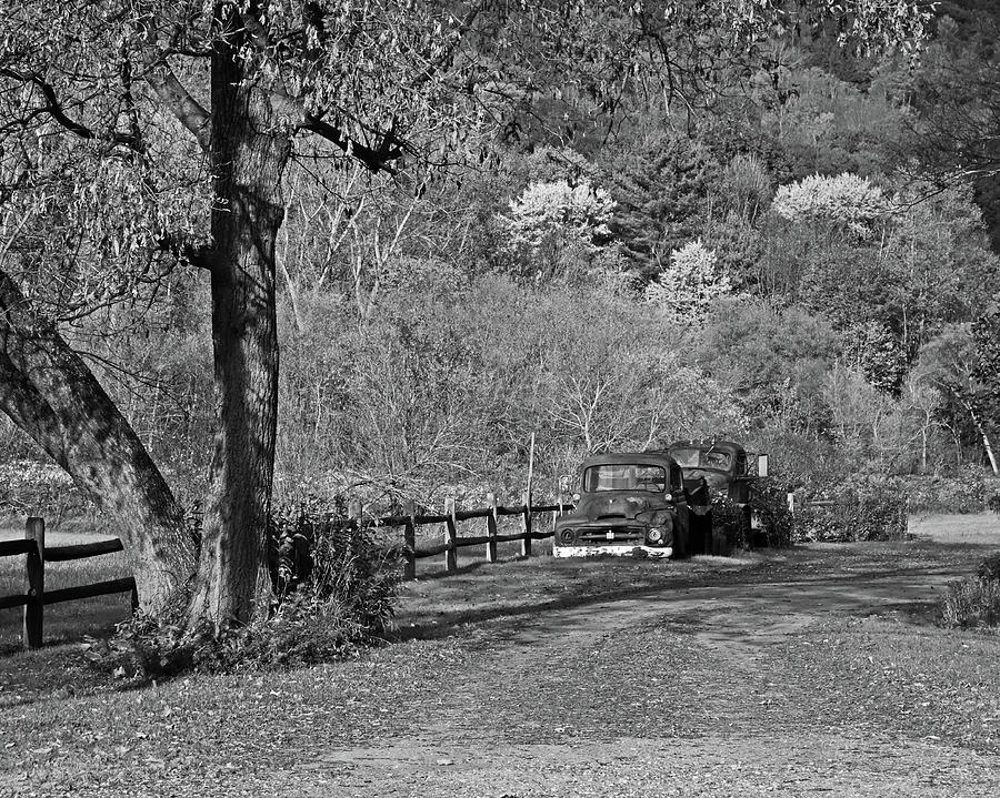 Old Rusted Trucks Bethel Vermont VT New England Foliage Aurumn Black and White Photograph by Toby McGuire