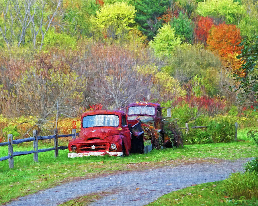 Old Rusted Trucks Bethel Vermont VT New England Foliage Autumn Trees Painterly Photograph by Toby McGuire