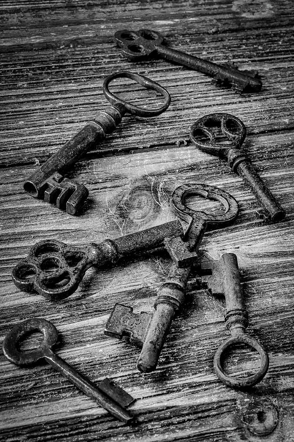 Old Rusty Black And White Skeleton Keys Photograph by Garry Gay