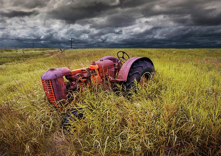 Vintage Photograph - Old Rusty Farm Tractor Abandoned on the Prairie by Randall Nyhof