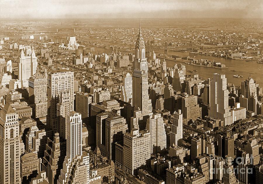 Vintage Painting - Old Sepia Print of Manhattan New York Accented with the Chrysler Building by Pd