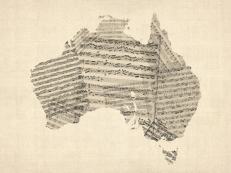 Australia Map Digital Art - Old Sheet Music Map of Australia Map by Michael Tompsett